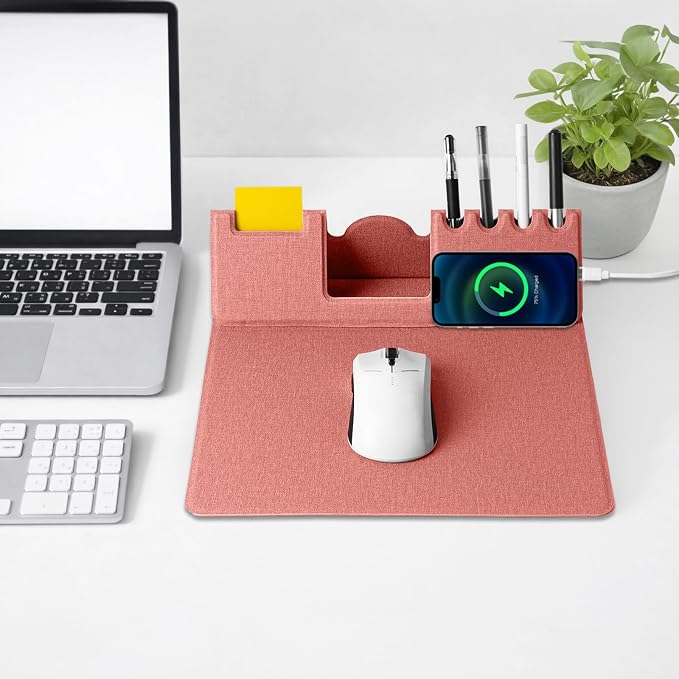 Mouse Pad with Phone Holder & Pen Holders, Wireless Charging Desk Mat, Mousepad Home Office Desk Pad with Ultra-Smooth Surface, Non-Slip Base, Waterproof Keyboard Pad, Classic Pink Desk Mat - Image 2