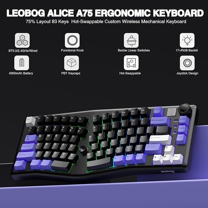 LEOBOG A75 Alice Ergonomic Wireless Mechanical Keyboard with Joystick Knob | 75% Ergonomic Split Layout, Tri-Mode, Multifunction Knob, RGB Backlight, Top Mount Structure, Hot Swappable Linear Switches - Image 2