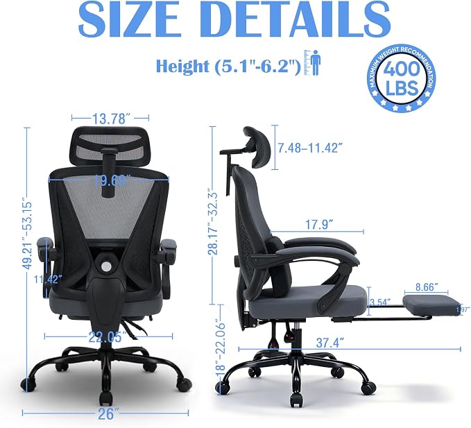 Ergonomic Office Desk Chair with Foot Rest - Adjustable Lumbar Support & Headrest, 90-160° Reclining Mesh Back Computer Chair - Home Office/Gaming for Adults, 400lbs Capacity (Gray) - Image 2