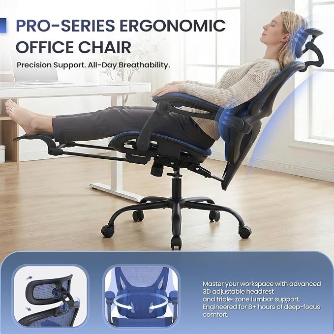 MALOL Ergonomic Mesh Office Chair with Footrest, Executive High Back Computer Desk Chair with 3D Adjustable Headrest & 5-Level Lumbar Support, Track Armrest, Tilt Lock, 300LBS, Blue - Image 7