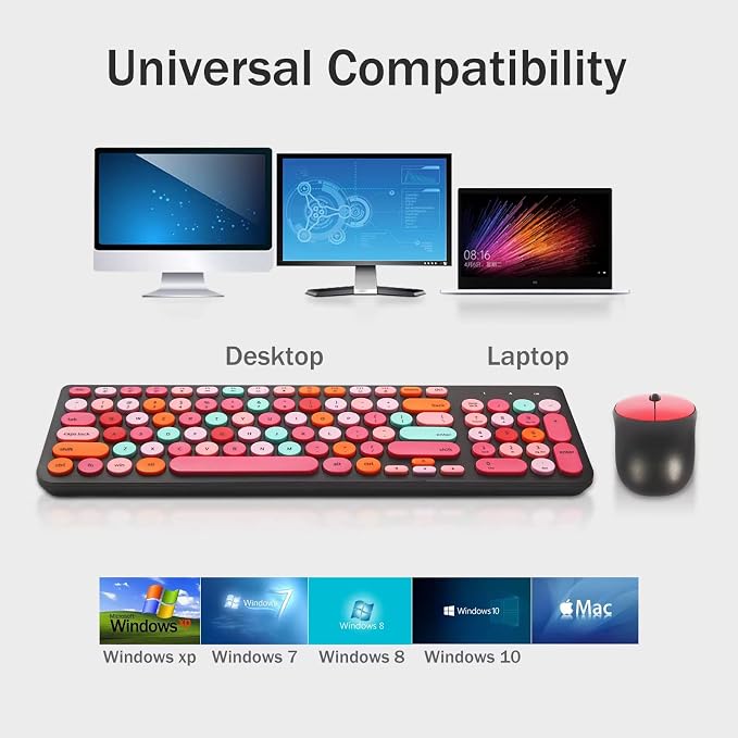 Wireless Keyboard and Mouse Combo, Retro Typewriter Keyboard with Round Keycaps, 2.4GHz USB Cute Wireless Keyboard Mouse for Computer, Desktop, Laptop and Computer (Black-Colorful) - Image 5