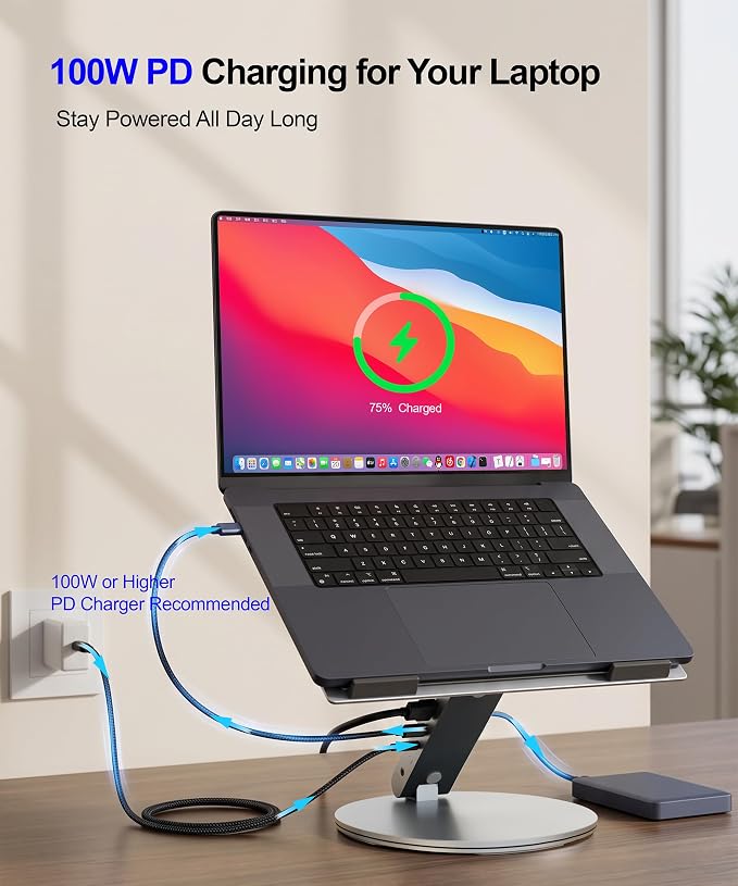 YICOSUN Laptop Stand for Desk, 360° Rotating & Height Adjustable Ergonomic Computer Riser with Aluminum Cooling Vents for 10-16 inch MacBook, Dell, Lenovo (Grey, USB-C Docking Station) - Image 5