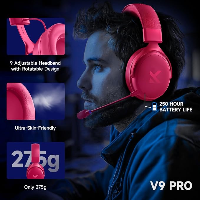 MCHOSE V9 PRO Wireless Gaming Headset 7.1 Surround Sound for PS5 PS4 PC Switch TOPSPEED Gaming Headphones, Noise Canceling Mic, 250Hr Battery, Low 15ms Latency, Lightweight, BT 5.3 FPS Games Rose&Red - Image 7
