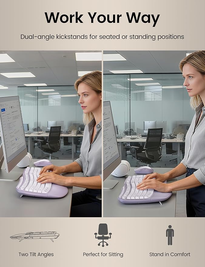 Purple Ergonomic Wireless Keyboard and Mouse Combo, Sablute 2.4G Full Size Ergo Wave Key Board with Cushioned Plam Rest, Natural Typing, 3 DPI Adjustable Silent Mouse for Computer/Laptop/Windows/Mac - Image 6