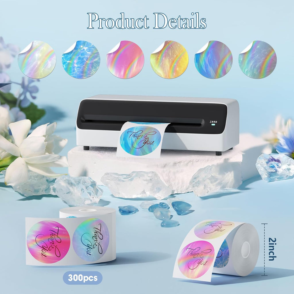 2-Inch Round Holographic Thermal Sticker Labels, with Rainbow Wave and Glitter Deign, Suitable for Every Tags, Custom DIY Logo Applications, 6 Colors (300Pcs/Roll) - Image 2