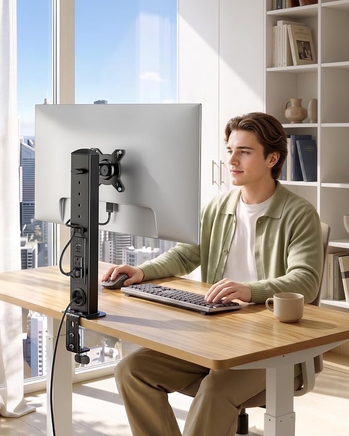 monTEK Powered Single Monitor Stand for 17-32", Clamp/Grommet | Heavy-duty monitor desk mount, integrated power outlet, adjustable arm and clamp/grommet mounting options - Image 7