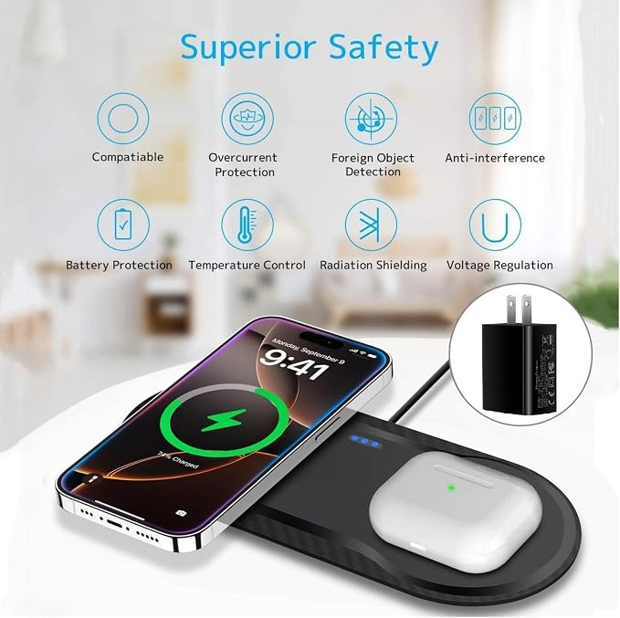40W Wireless Charging Pad, Dual 20W Fast Wireless Charging Mat for Samsung Galaxy S25,S24,S23/Note 20/10/Buds,15W Wireless Charger Station for iPhone 17 16 15 14 13 8/SE/X/XS(Black with dapter) - Image 2