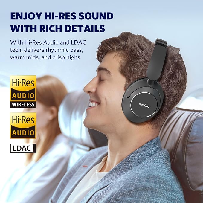 EarFun Wave Pro Active Noise Canceling Headphones, Wireless Over Ear Bluetooth Headphones, LDAC Hi-Res Sound, 5 Mics AI Clear Call, 80H Playtime, Multipoint Connection, Comfort Fit, Custom EQ via App | LDAC Hi-Res Sound, 5 Mics AI Clear Call, 80H Playt... - Image 3