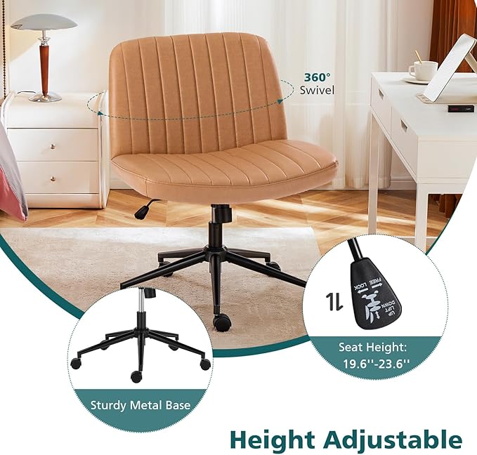 OLIXIS Criss Cross Chair with Wheels, Vanity Chair, Home Office Desk | Wide Seat Armless, Faux Leather, Height Adjustable Swivel Rolling, Home Computer Task Seating for Bedroom Study, Brown PU - Image 4