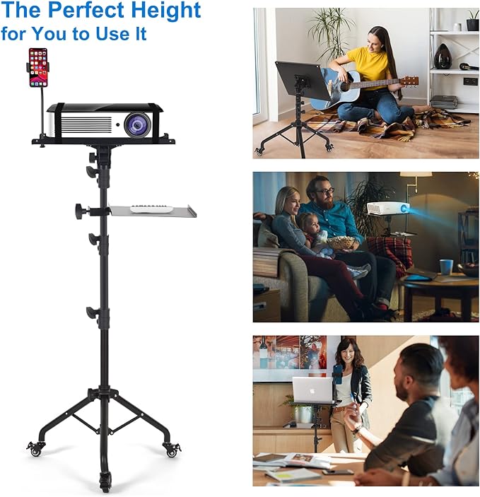Tossbiss Laptop Tripod on Wheels with 2 Shelves | Portable Projector Floor Stand Adjustable Height 25.9 to 51.8 Inch with Phone Holder, Projector Stand - Image 5