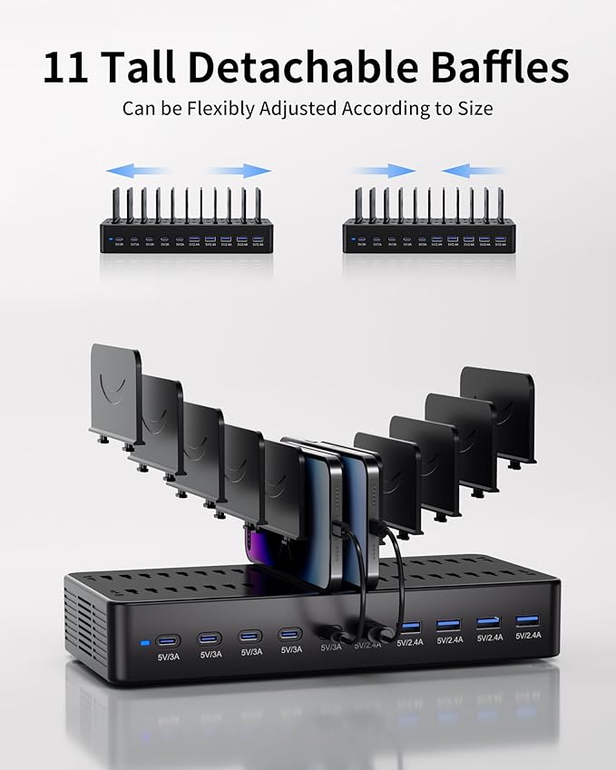100W Charging Station for Multiple Devices, 10-Port USB Fast Charger, Black | with Adjustable Dividers & 10 Cables- Multi Device Organizer Charging Dock for iPhone, iPad, Tablets & More - Image 5