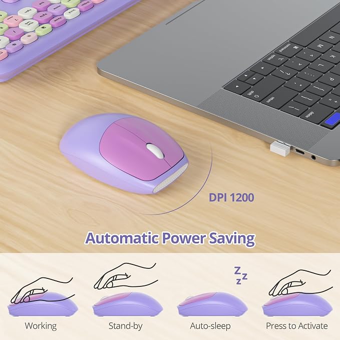 Surmen Cute Purple Keyboard and Mouse Wireless Silent, Full-Size Retro Typewriter Wireless Quiet Slim Colorful Keyboard Low-Noise 2.4GHz for Computer, Desktop, Laptop(6-Purple) - Image 4