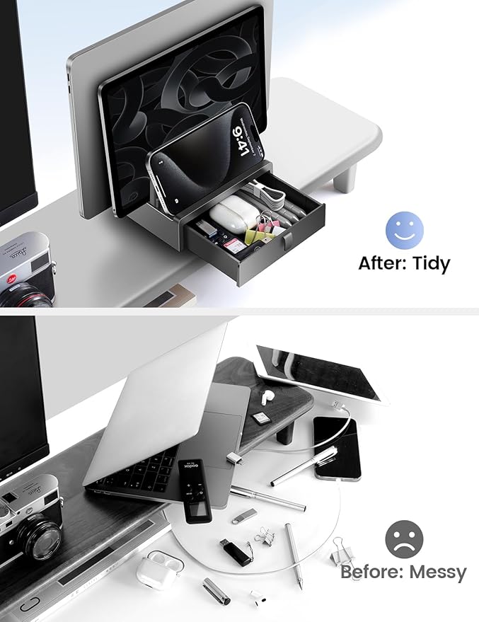 Vaydeer Vertical Laptop Stand with Drawer,Dual Slots Plastic Laptop Holder Storage with Space Saving 4-in-1 Design,Adjustable Laptop Organizer Stand for Desk,Supports MacBook,Chromebook,Surface,Dell - Image 3