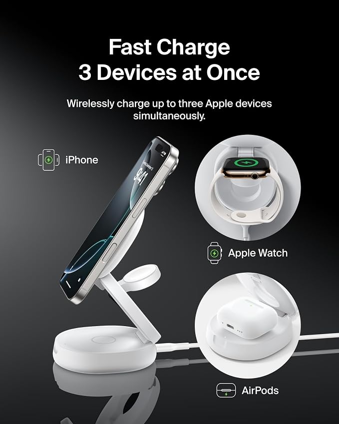 Belkin Qi2 15W Wireless Fast Charging Station, 3 in 1 iPhone Charger | Fast Charging, MagSafe Compatible, iPhone 17/16/15, Apple Watch, AirPods, Travel Charger, Magnetic - Image 2