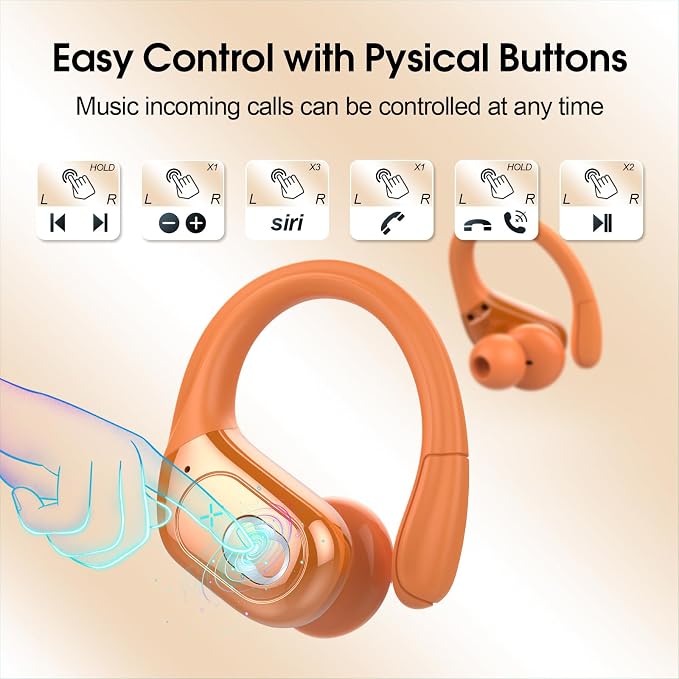 Aptkdoe Wireless Earbuds 75H Bluetooth 5.4 Sport Headphones with Earhooks | IPX7 Waterproof In-ear Buds Feature ENC Noise Cancelling Mic. Stereo Sound Device for Gym Running Workout, Cosmic Orange - Image 7