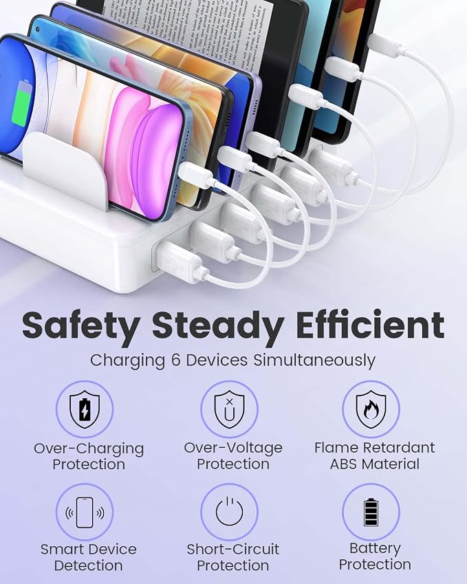 50W Charging Station for Multiple Devices, 6 Port Multi USB Charger Station | with 6 Cables,1 USB-A to USB-C Adapter Converter, Compatible with iPhone,iPad Kindle Tablet and Other Electronic（White) - Image 3