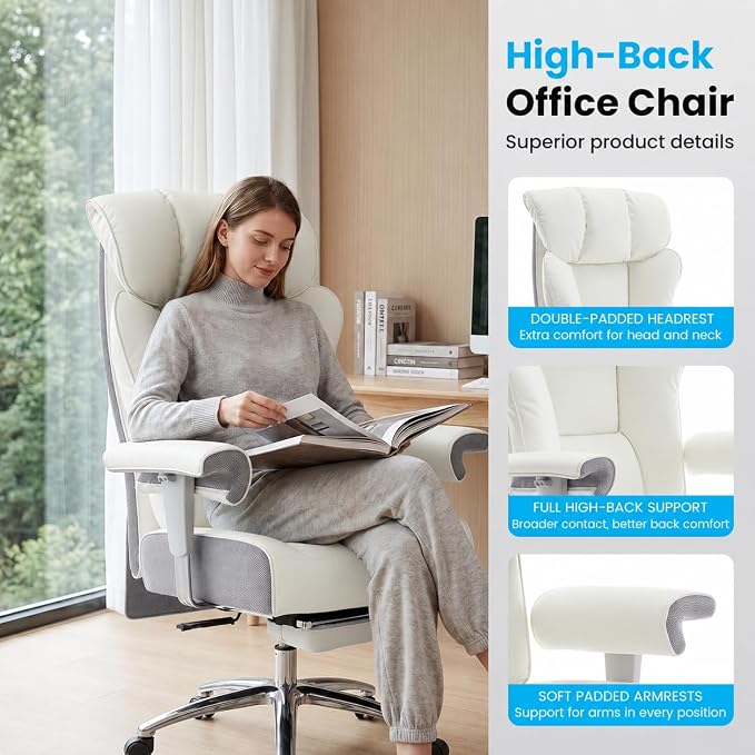 Efomao Big and Tall Executive Office Chair 450lbs,White | 5.9" Thick Pocket Spring Cushion, Reclining Breathable PU Leather Desk Chair with Foot Rest, Soft Comfortable Support - Image 3