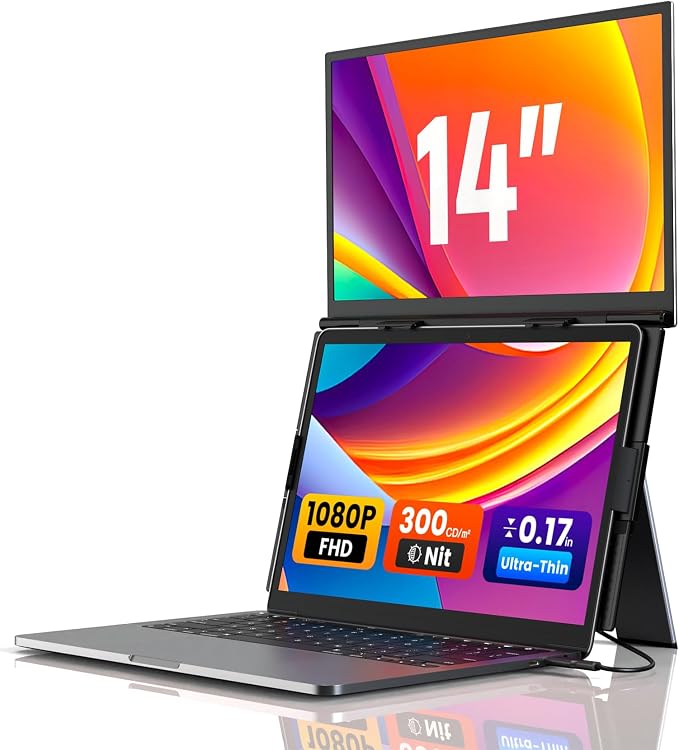 SMISEACOW Laptop Screen Extender 14" for 13-17.3'' Laptops, Portable Dual Monitor for Laptop, Ultra-Slim Clamp-On Vertical Dual IPS 1080P Screen Monitor Extender, USB-C HDMI for Office Travel by SMISEACOW