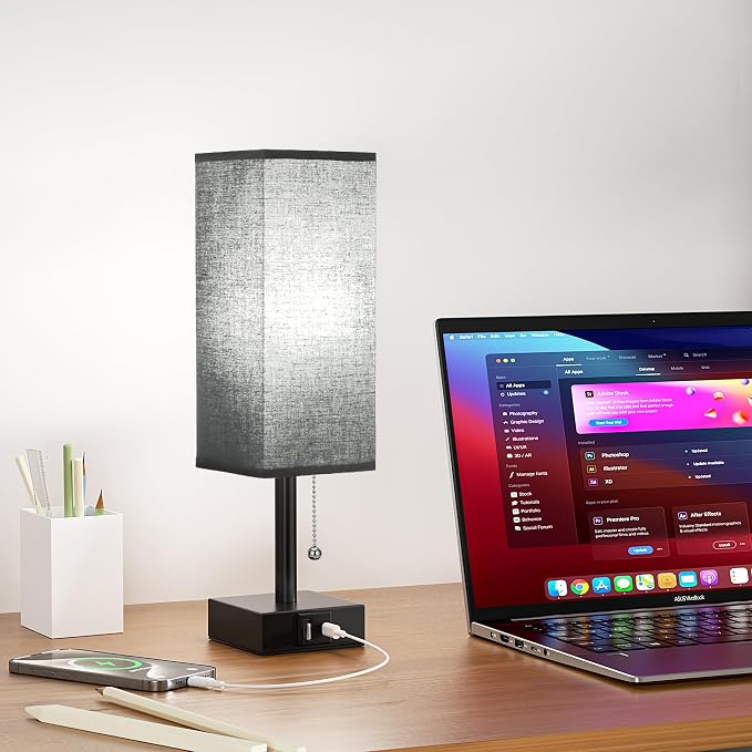 Black Bedside Table Lamp for Bedroom - Desk Lamp For Nightstand, USB C+A | Pull Chain Lamp, 3 Color Modes(3000K/4000K/5000K), E26 LED Bulb Included, Square Black Fabric Lampshade, for Read, Work, Dorm - Image 5