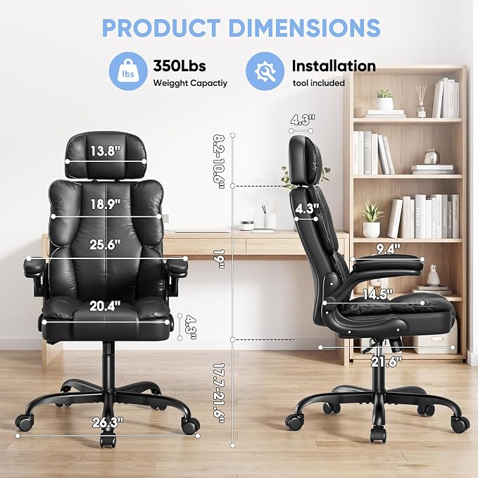 Kensaker Managerial Executive Chair with Adjustable Headrest | High Back Lumbar Support Computer Chair PU Leather Chairs Comfy with Double Padding & 135° Rocking for Home Office, Black - Image 6