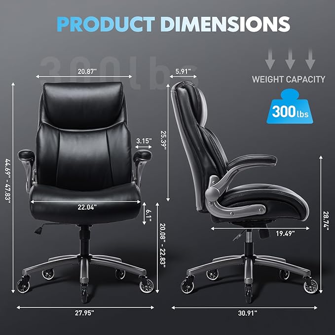 MALOL Ergonomic High-Back Executive Office Chairs, Heavy Duty Home Computer Chair with Lumbar Support, Flip-Up Arms, and PU Leather Upholstery, Black - Image 2