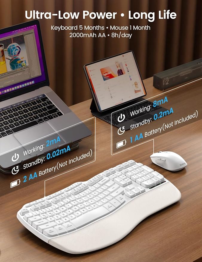 White Ergonomic Wireless Keyboard and Mouse Combo, 2.4G Full Size Ergo Wave Key Board with Cushioned Plam Rest, Natural Typing, 3 DPI Adjustable Silent Mouse for Computer/Laptop/Windows/Mac - Sablute - Image 5