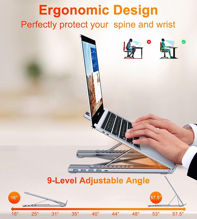 5-in-1 USB C Hub Adjustable Aluminum Laptop Stand | 4-Port USB A 3.0 with 5Gbps Data Transfer USB C Hub Docking Station [Charging Not Supported] for Mac Pro/Air/Dell/HP/Lenovo - Image 6