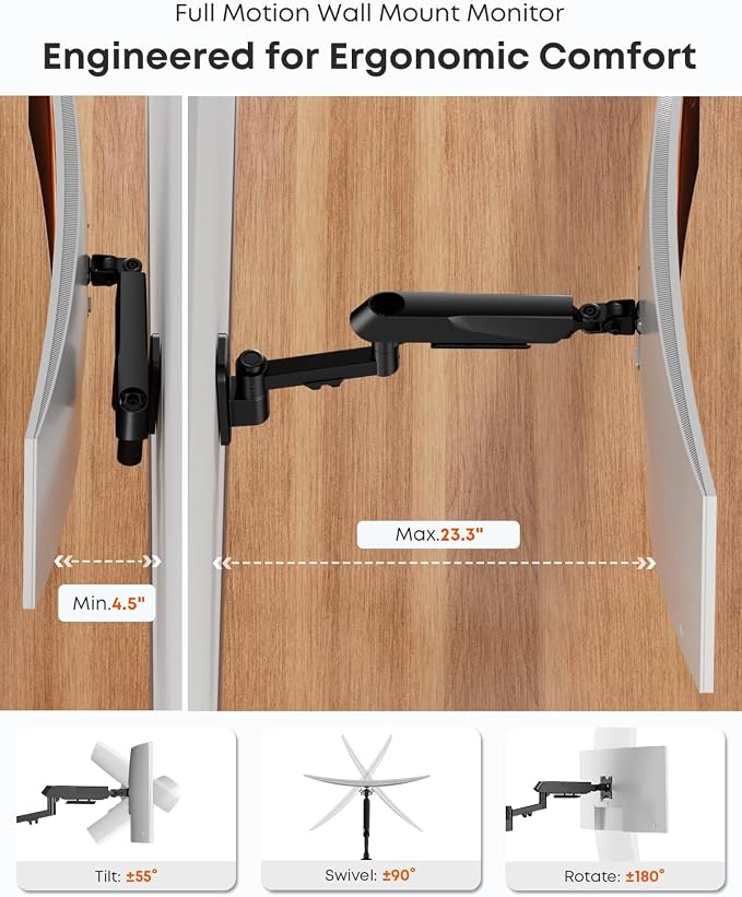Heavy Duty Single Monitor Arm Wall Mount fits 27-45 Inch Flat/Ultrawide | Full Motion, Gas Spring Arm, Holds 35.2 lbs, VESA 75/100mm for Home Office & Gaming, Black - Image 3
