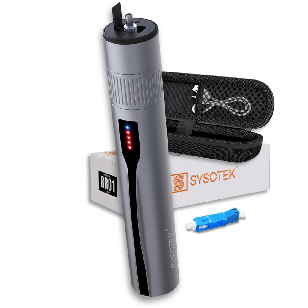Visual Fault Locator - Rechargeable Red Light VFL Fiber Optic Tool kit - Retractable Head fits SC FC ST - Visible Red Light Source - Network Cable Tester - with Protective Case and LC Adapter by Sysotek