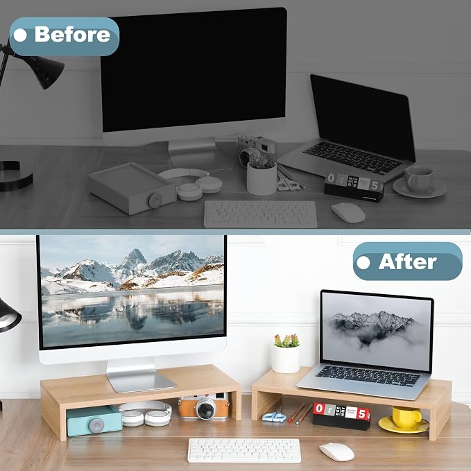 TEAMIX 2-Pack Monitor Stand Riser 20 inch, Wood Desk Computer Shelf, Maple | For 2 Monitors, Laptop, Printer, TV, PC, Keyboard Storage, Space-Saving, Ergonomic, Organizer for Home Office Gaming Vanity - Image 7
