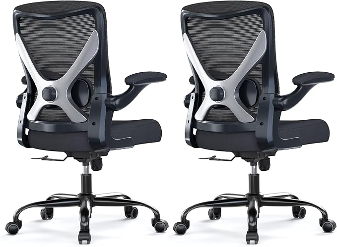 Office Chair: Mesh Ergonomic Desk Chair with 3D Lumbar & Swivel | 330LBS Computer Chair-Executive Task Chairs with Flip-up Arms Home Office Chairs Gaming Chair for Long Hours(Black-Pack of 2) by Ergalithic