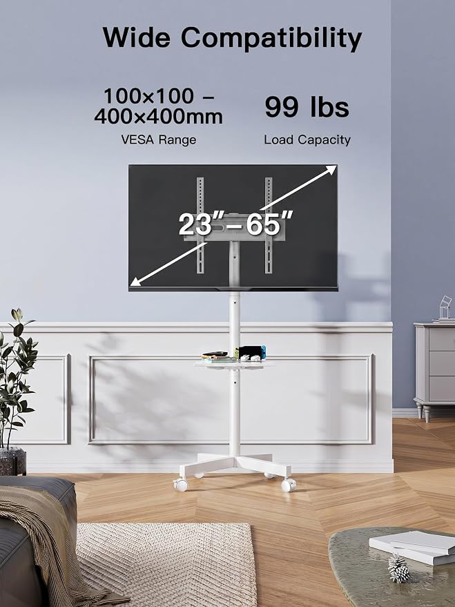 PERLESMITH Rolling White TV Stand for 23–65 Inch TVs up to 99 lbs, Portable TV Stand on Wheels with Height Adjustable Shelf, Outdoor Mobile White TV Cart for Bedroom, Max VESA 400x400mm, PSTVMC04W - Image 2