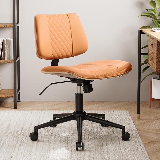 Modern Armless Office Chair with Wheels, Wide Seat Walnut, Brown | Adjustable Swivel Desk Chair with Mid Back & Tilt Function, Faux PU Leather Mid Century Modern Task Office Chair, 300LBS Cap - Image 7