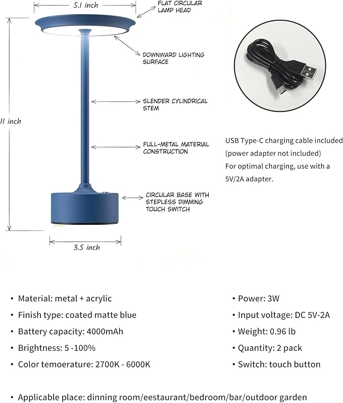 PUSU Rechargeable Table Lamps Set of 2, Blue Cordless Portable Desk Lamp | 4000mAh Battery, Stepless Dimming & 3 Color 2700K-6000K, LED Lamp for Bedroom, Living Room, Restaurant, Outdoor, Night Light - Image 5