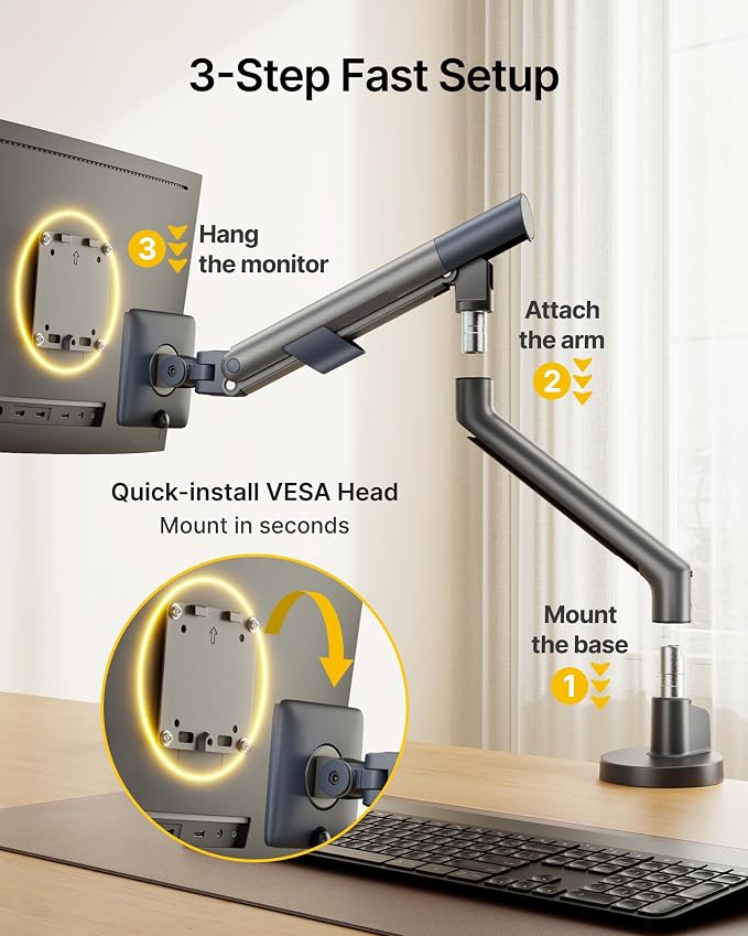 monTEK Aluminum Monitor Arm for 17-40" Screens, 26.4 lbs, Gray | Mechanical spring, tension indicator, full motion, VESA 75/100 compatibility, clamp/grommet bases and cable routing - Image 7