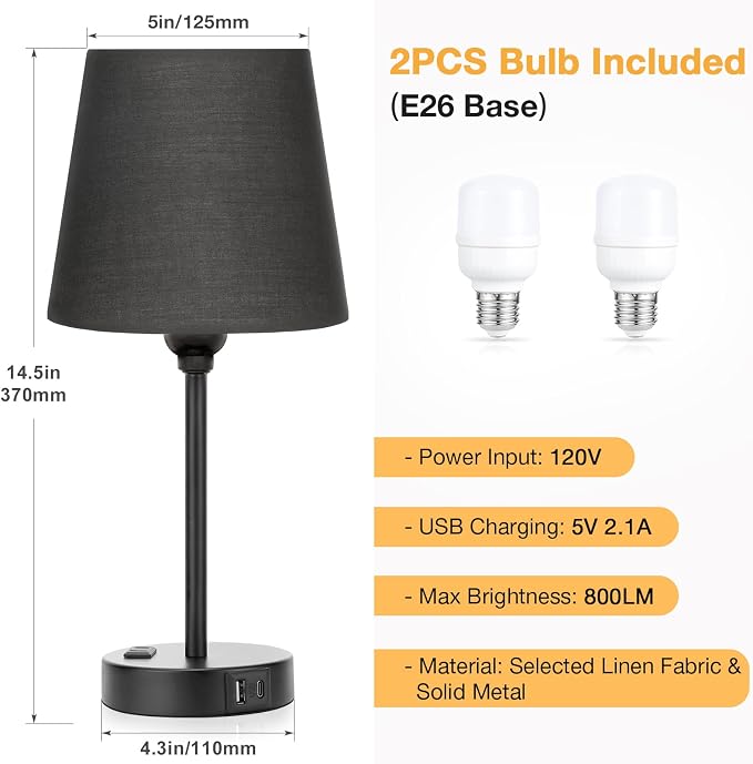 Black Bedside Lamps Set 2 for Bedroom - Dimmable Touch, USB C+A, AC Outlet | 14.5" Mini Lamp, 3-Way Dimmable, LED Bulbs Included, Black Barrel Fabric Lampshade, Nightstand Light for Guest Room, Kids - Image 7