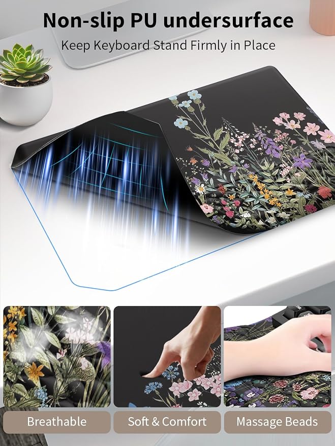 3-in-1 Ergonomic Keyboard Stand with Wrist Rest & Mouse Pad Set, Flower | Comfy Keyboard Riser Holder Soft Mousepad with Massage Design, Memory Foam and Non-Slip PU Base for Pain Relief - Image 6