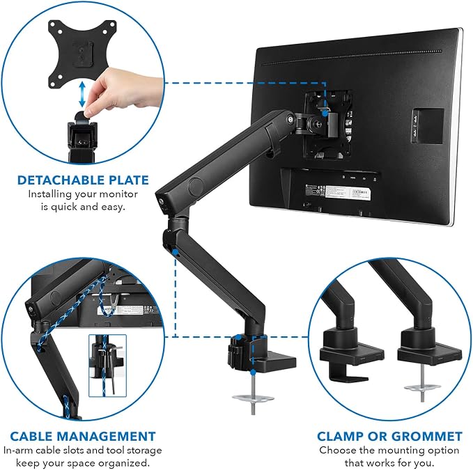 Mount-It! Single Monitor Desk Mount, Top-Mount Arm, 17-32" Screens | Full Motion Tilt Swivel Rotate, Holds up to 17.6 lbs, VESA 75x75/100x100, C-Clamp & Grommet Base, Height Adjustable - Image 3