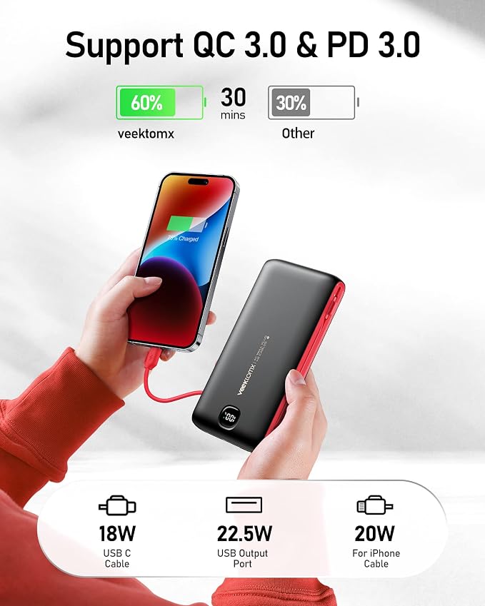 VEEKTOMX 10000mAh Portable Charger with Built-in Cables & Wall Plug | Fast Charging Slim USB-C Power Bank for iPhone, Samsung, iPad | 5 Outputs, Charges 4 Devices, ETL Certified, Black Red - Image 4