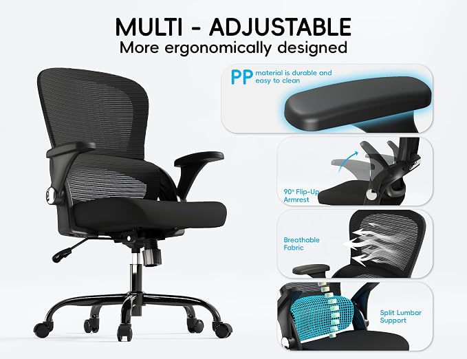 TRALT Office Chair - Ergonomic Office Chair with Back Support for Adults | Home Office Desk Chair with Lumbar Support - Ergonomic Mesh Chairs 330 lb Wide Seat for Work, Study, Office, Gaming(Black) - Image 4