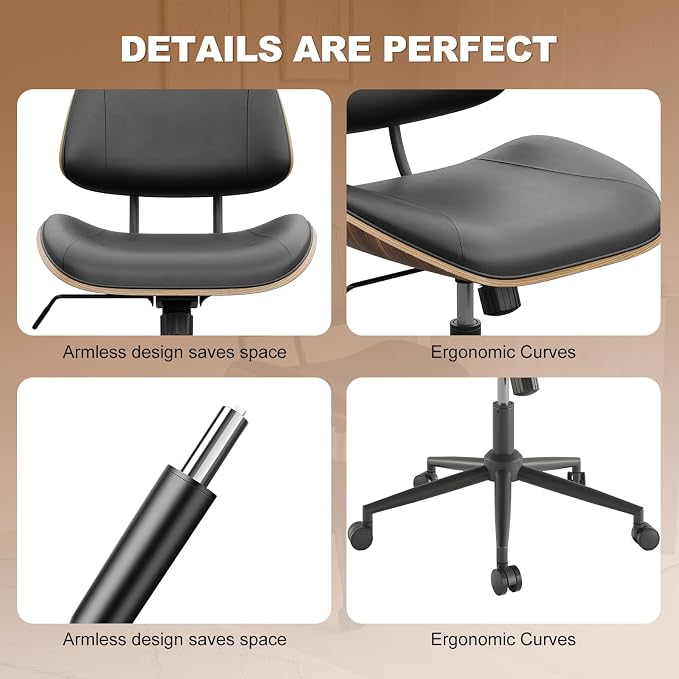 Armless Office Chair with Wheels, PU Leather Desk Chair, Black | Adjustable Height Task Chair, 360° Swivel Ergonomic Computer Chair for Small Space, Modern Walnut Style, Home & Meeting Room - Image 4
