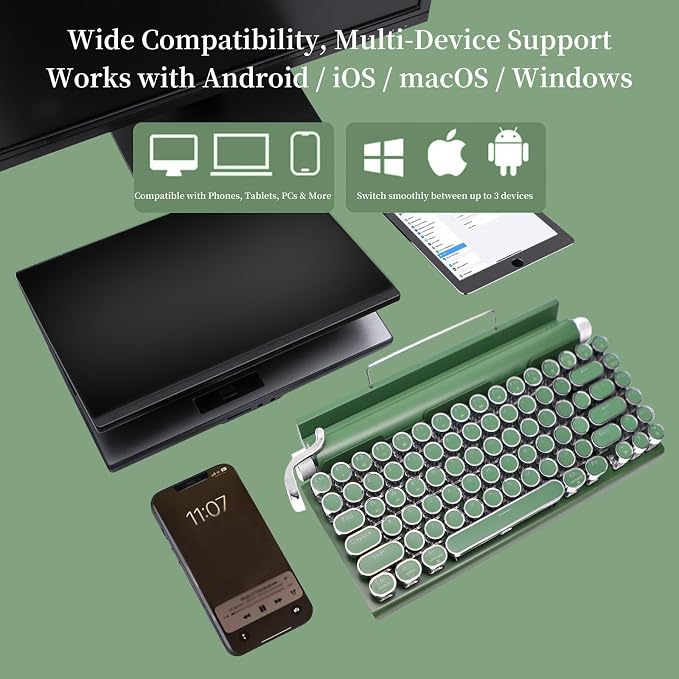 Adventurers Retro Typewriter-Style Mechanical Keyboard, 83 Keys, 75% Compact Layout, Bluetooth 5.0 and Wired, Hot-Swappable Blue Switch, White Backlit for Windows/Mac/iPad/PC/Laptop (Dark Green) - Image 5