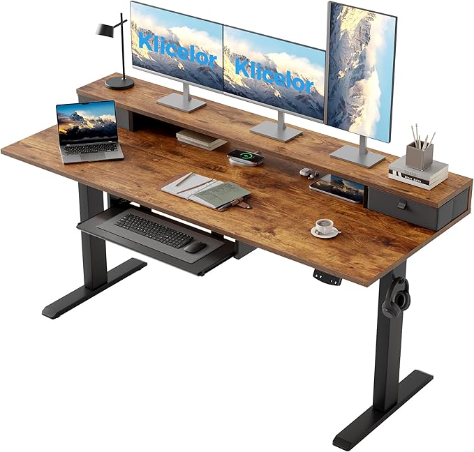 Klicelor 63 x 24 Inch Electric Standing Desk with Drawers and Keyboardtray, Adjustable Height Small Sit Stand Desk for Home Office, Compact Computer Workstation with Storage- Rustic Brown by Unknown