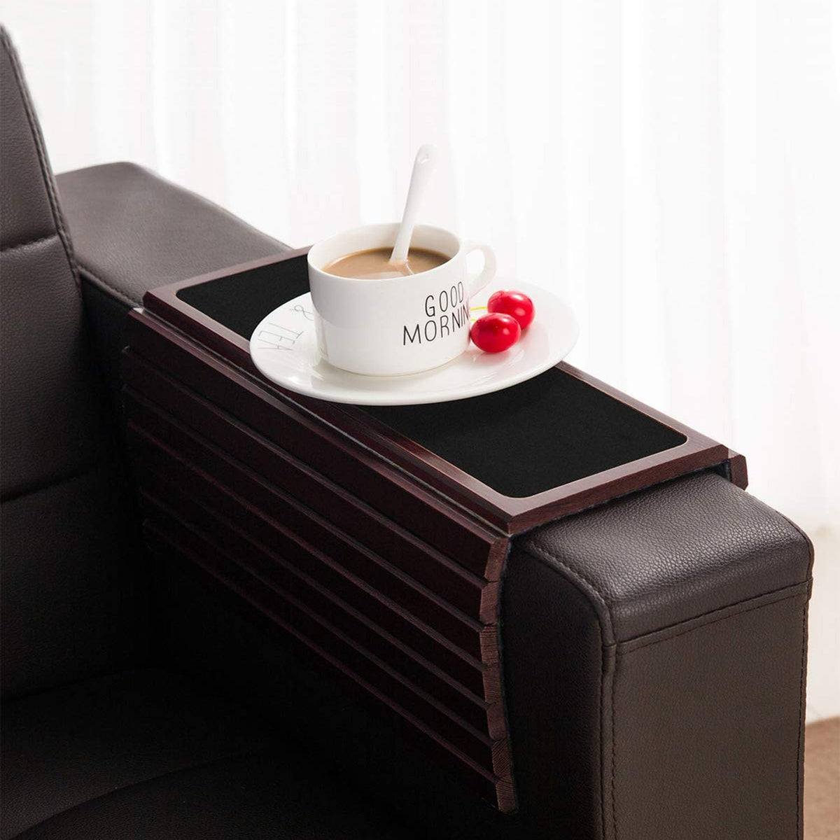 Bamboo Couch Arm Tray Table, Foldable Sofa Arm Tray Reddish Brown by GEHE
