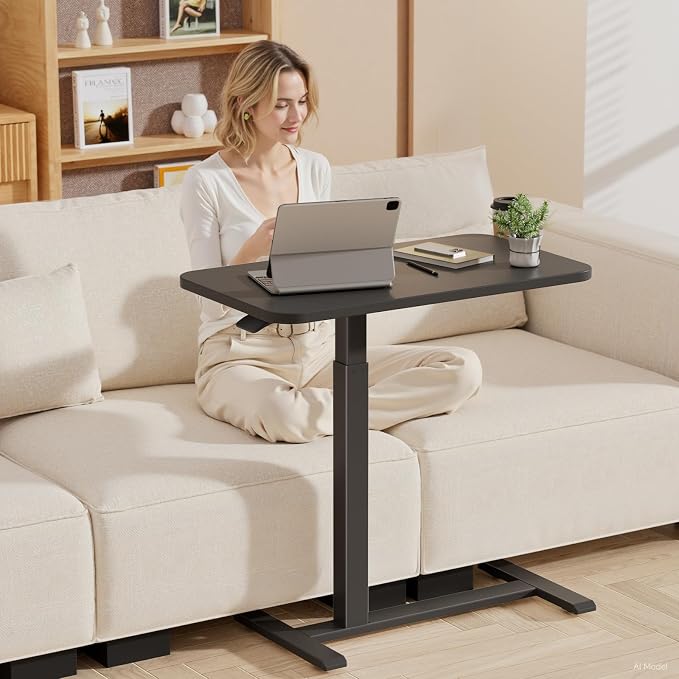 GTPLAYER Small Standing Desk with Hidden Wheels, Pneumatic Mobile Rolling Laptop Desk, Adjustable Height Overbed Bedside Table Computer Workstation for Home Office (32" W x 16" D, Black) - Image 2