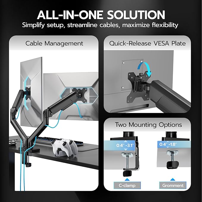 ARES WING Dual Monitor Mount with USB for 2 Monitors for 17-35 inch, Black | Heavy Duty Monitor Arms for 2 Monitors, Fully Adjustable Monitor Desk Stand for Ultrawide Screen, VESA 75x75 or 100x100mm - Image 4