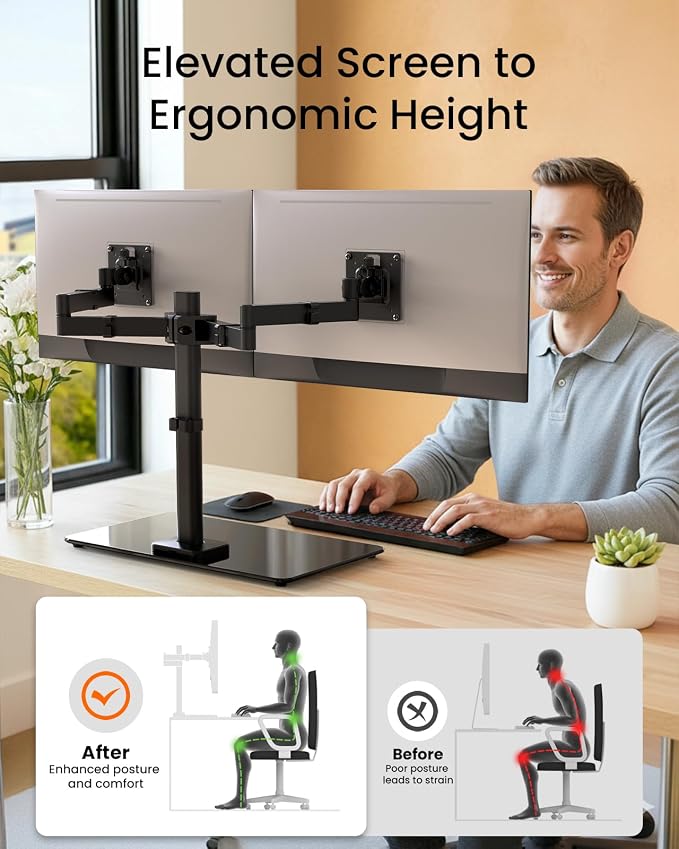 ErGear Freestanding Dual Monitor Stand for 17 to 32 Inch Screens, Computer Monitor Mount for 2 Screens, Dual Monitor Arm with Tempered Glass Base, VESA Mount Desk Stand Holds 22 lbs per Arm - Image 8