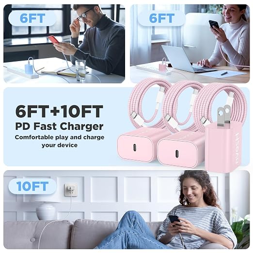 20W USB C Fast Charging for iPhone 17 Air/16/15 Pro Max,3Pack Colorful Mixed Charger Block with Braided Long USB C to C Cables (6/6/10ft) Compatible with iPhone16/15 Pro/15 Plus/iPad Pro - Image 6