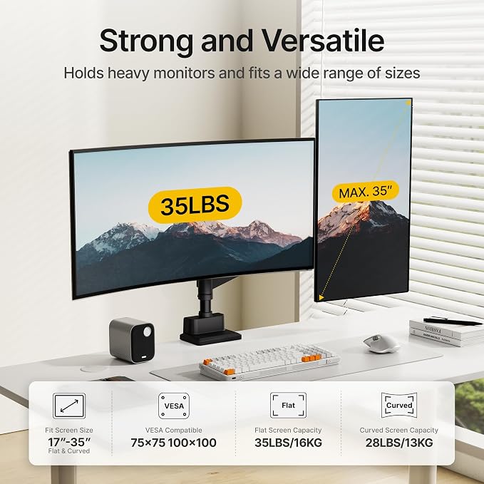 monTEK Dual Monitor Mount Tall Monitor arms for 17 to 35 Inch Screen | Adjustable Heavy Duty Monitor Desk Mount for 2 Monitors, Holds 35 Lbs, with Cable Management, VESA 75/100mm - Image 3
