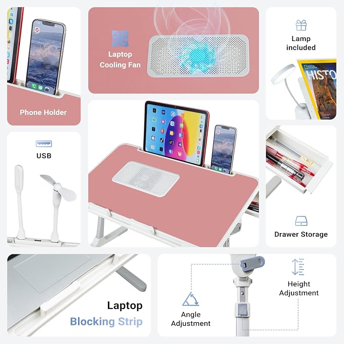 Adjustable Laptop Lap Desk with Cooling Fan USB Light for Adults 60x40cm,Pink - Image 4